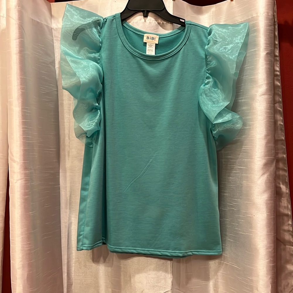 Teal green T-Shirt with Organza Accent Sleeves, Sz XL